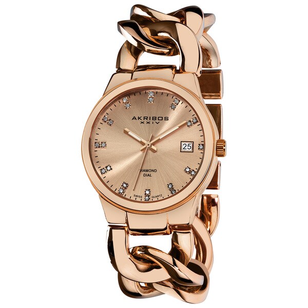 Akribos XXIV Women's Swiss Quartz Diamond Twist Chain Bracelet Rosetone Watch - Gold/White