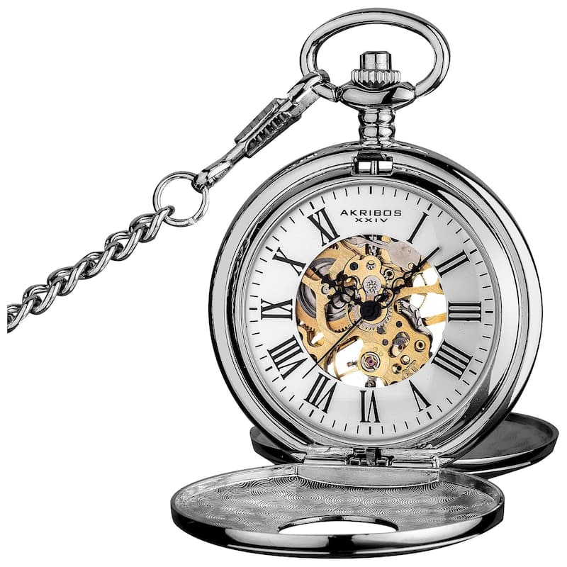 Akribos XXIV Men's Antique Mechanical Skeleton Chain Pocket Watch - Casual/Pocket Watch/Fashion - silver