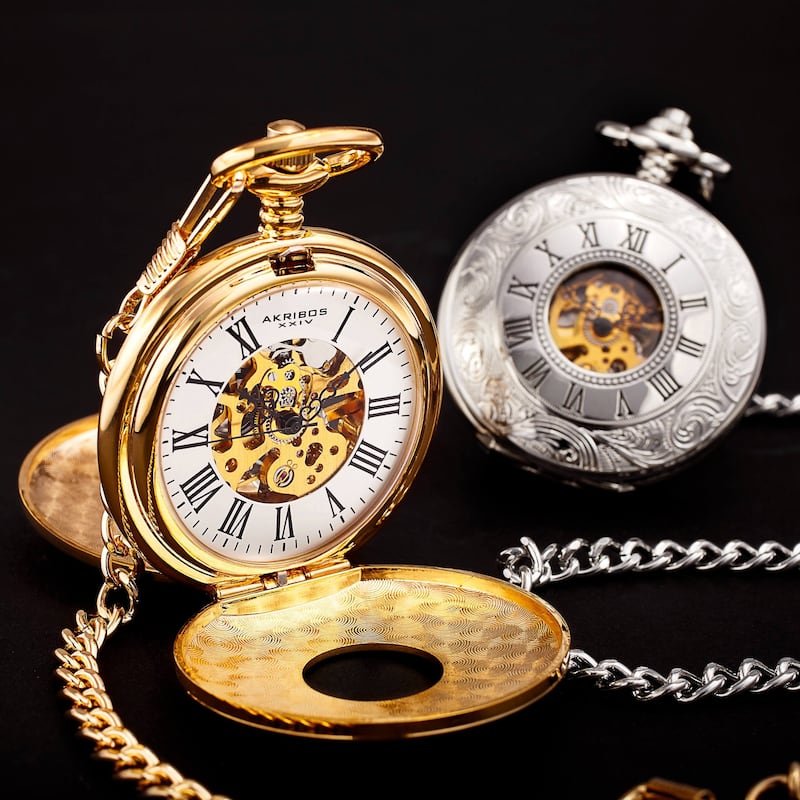 Akribos XXIV Men's Antique Mechanical Skeleton Chain Pocket Watch - Pocket Watch/Fashion/Luxury - GOLD