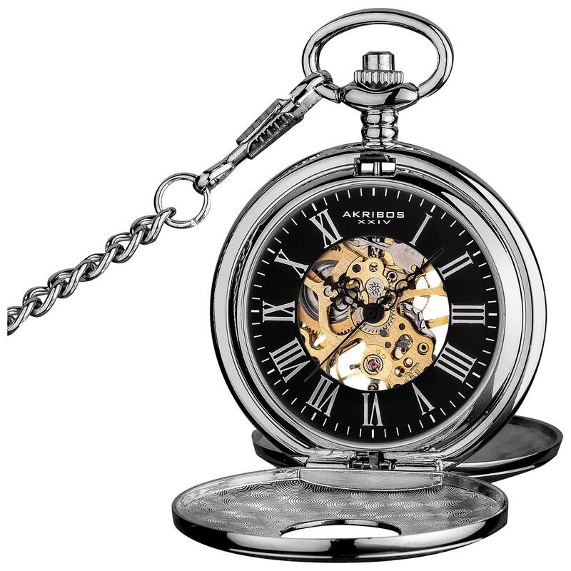 Akribos XXIV Men's Antique Mechanical Skeleton Chain Pocket Watch
