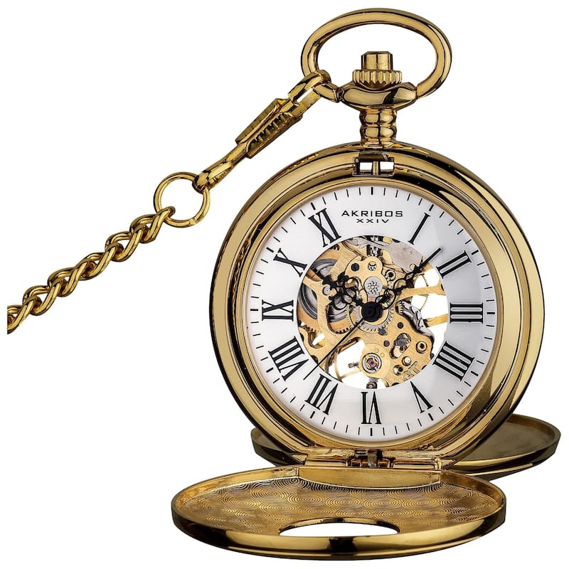 Akribos XXIV Men's Antique Mechanical Skeleton Chain Pocket Watch
