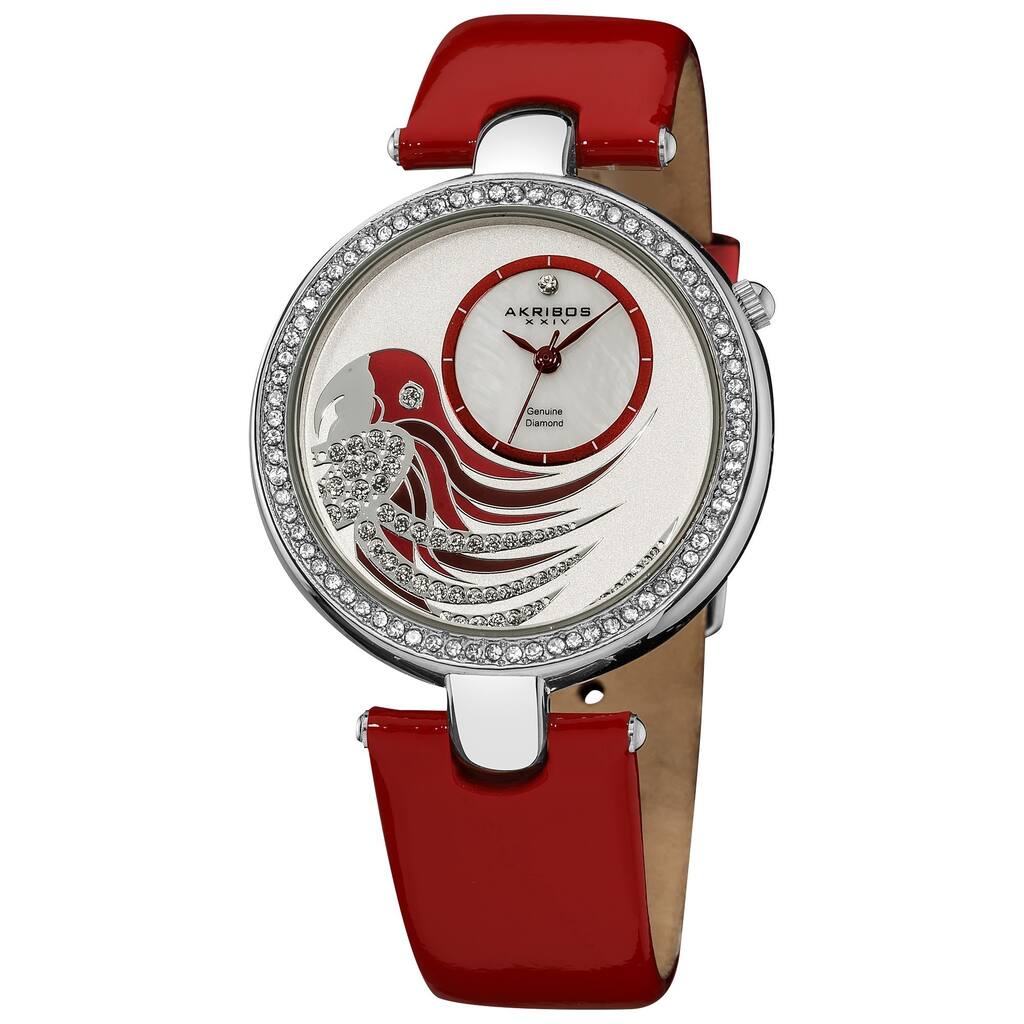 Akribos XXIV Women's Water-resistant Parrot Dial Leather Red Strap Watch