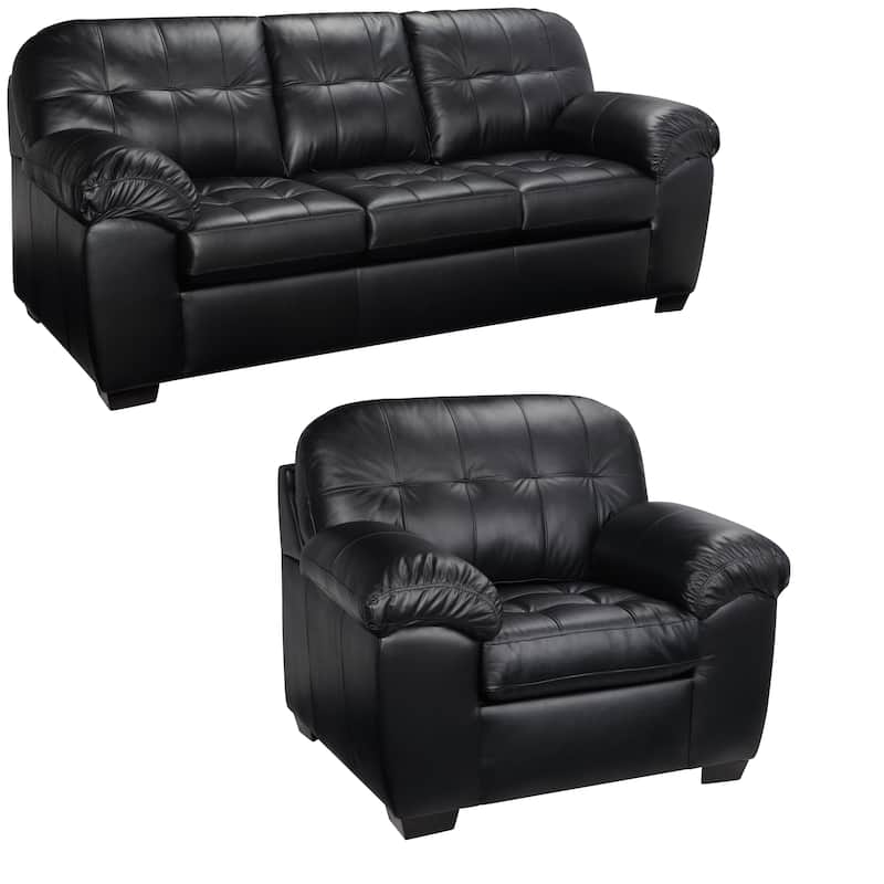 Emma Black Italian Leather Sofa and Chair Set - 38 x 88.5 x 37.5