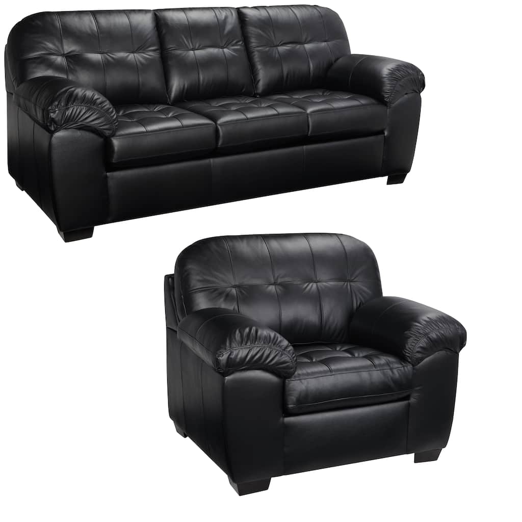 Emma Black Italian Leather Sofa and Chair Set - 38 x 88.5 x 37.5