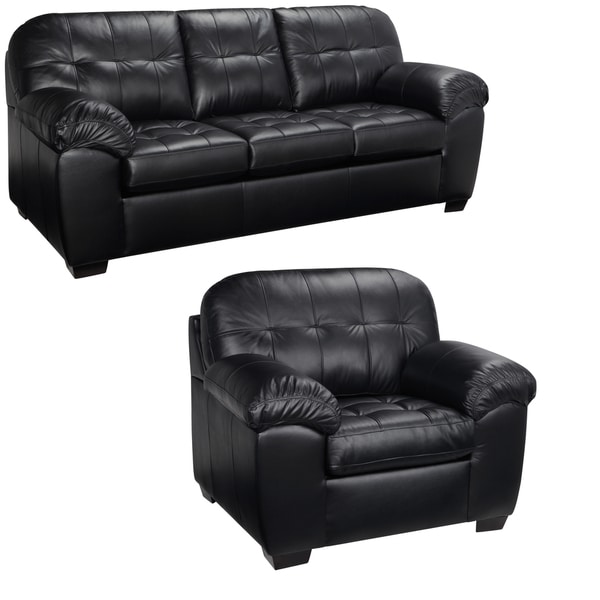 Shop Emma Black Italian Leather Sofa and Loveseat - 38 x 88.5 x 37.5