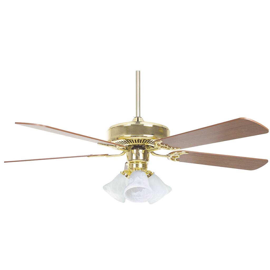 52 Inch Five Blade Three Light Ceiling Fan / Turtle Light Kit - Polished brass - 52"