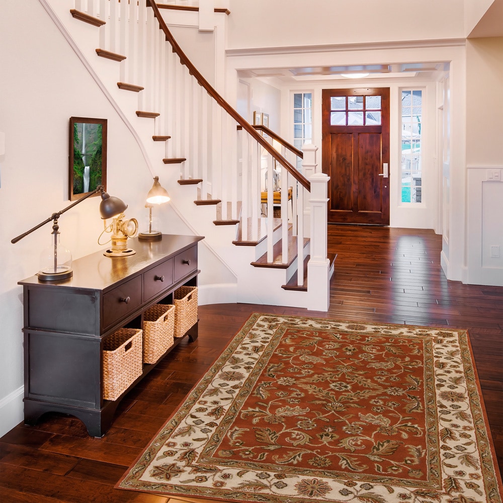 Hand tufted Classic Floral Border Orange Wool Rug (10 X 14)