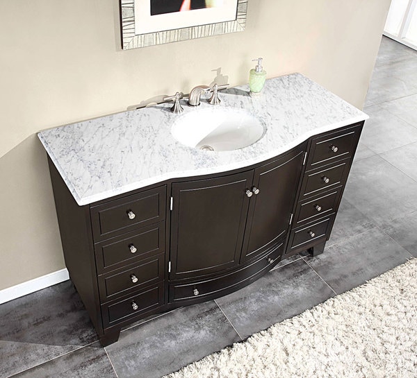 Silkroad Exclusive 55-inch Carrara White Marble Stone Top Bathroom Single Sink Cabinet Vanity ...