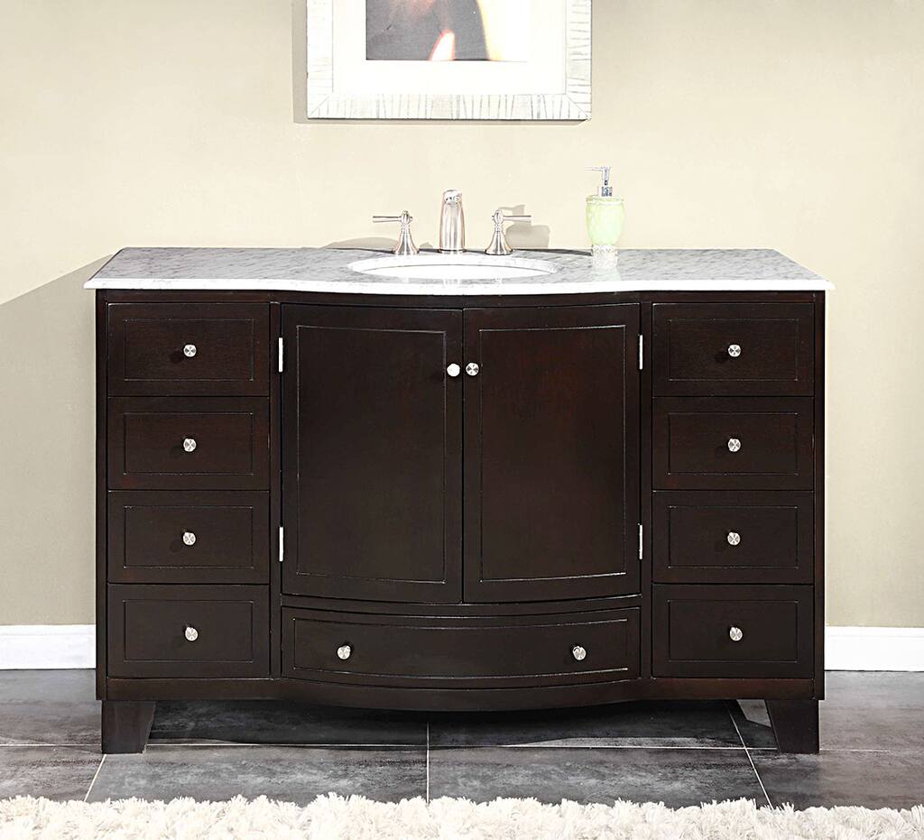 Silkroad Exclusive 55-inch Carrara White Marble Stone Top Bathroom Single Sink Cabinet Vanity
