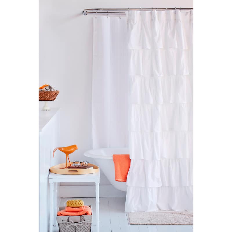 French Tiered Ruffle White Cotton Shower Curtain
