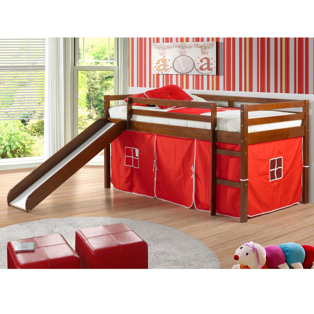 Kid's Twin White Low Loft/Bunk Bed with Slide Pink Curtain & Top Tent 