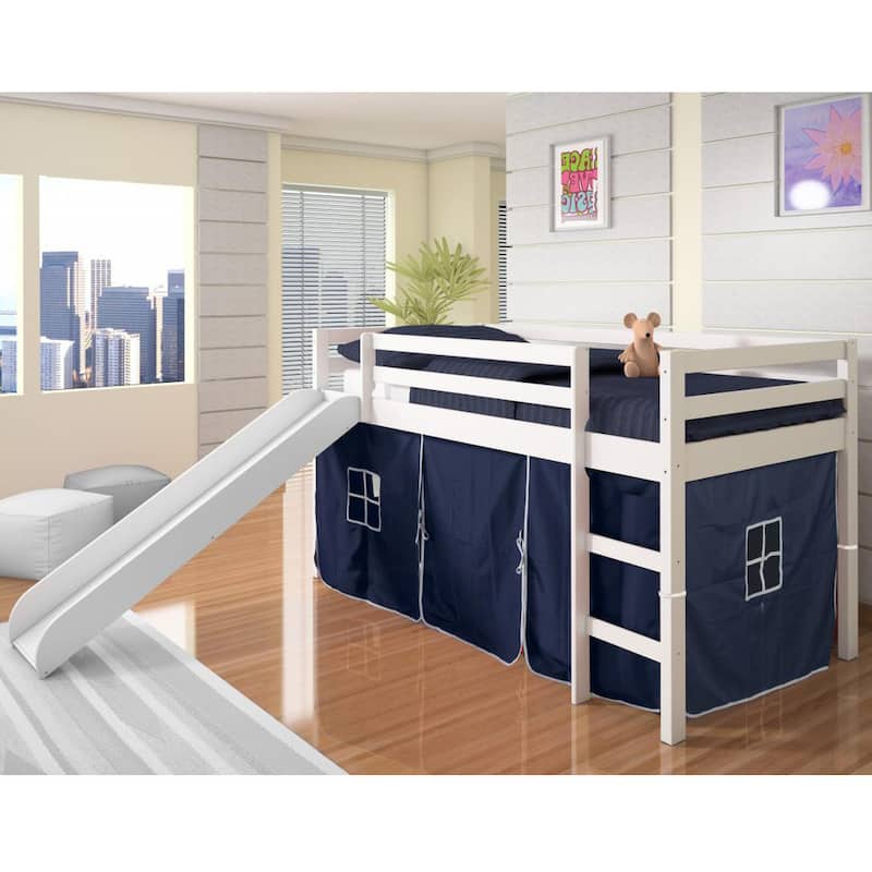 Donco Kids Twin-size Tent Loft Bed with Slide - Twin Loft - White Blue Tent