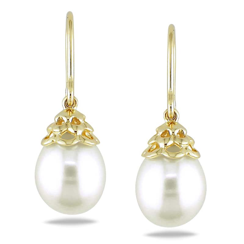 Miadora 14k Yellow Gold White Cultured Freshwater Pearl Drop Earrings (9-10 mm)