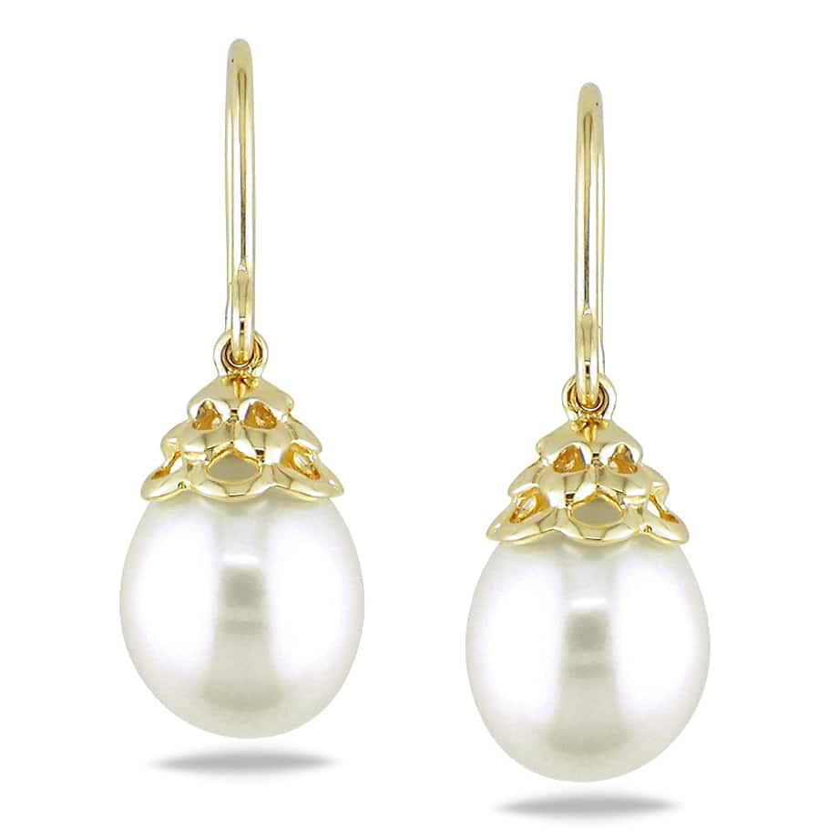 Miadora 14k Yellow Gold White Cultured Freshwater Pearl Drop Earrings (9-10 mm)