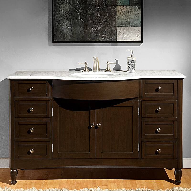 Silkroad Exclusive 58-inch Carrara White Marble Bathroom Vanity