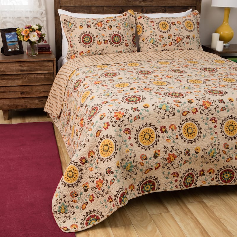 Greenland Home Fashions Andorra Suzani Medallion 100% Cotton Reversible Quilt Set - Full - Queen