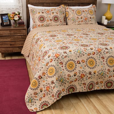 Greenland Home Fashions Andorra Suzani Medallion 100% Cotton Reversible Quilt Set