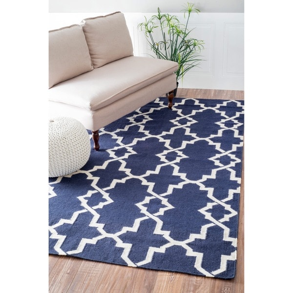 nuLOOM Handmade Morroccan Trellis Wool Flatweave Kilim Navy Blue Rug