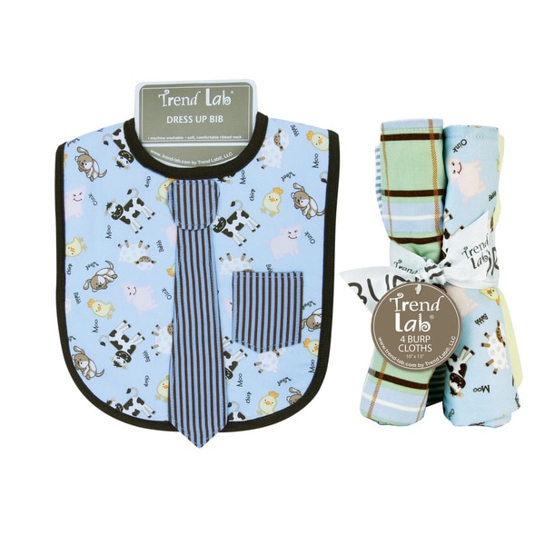 Trend Lab Baby Barnyard Necktie Dress Up Bib and 4 piece Burp Cloth