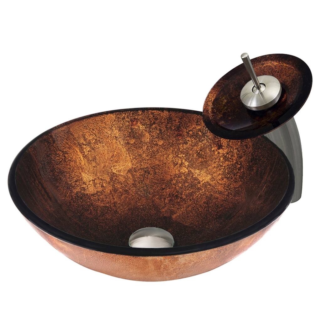 VIGO Russet Glass Vessel Bathroom Sink and Waterfall Faucet Set