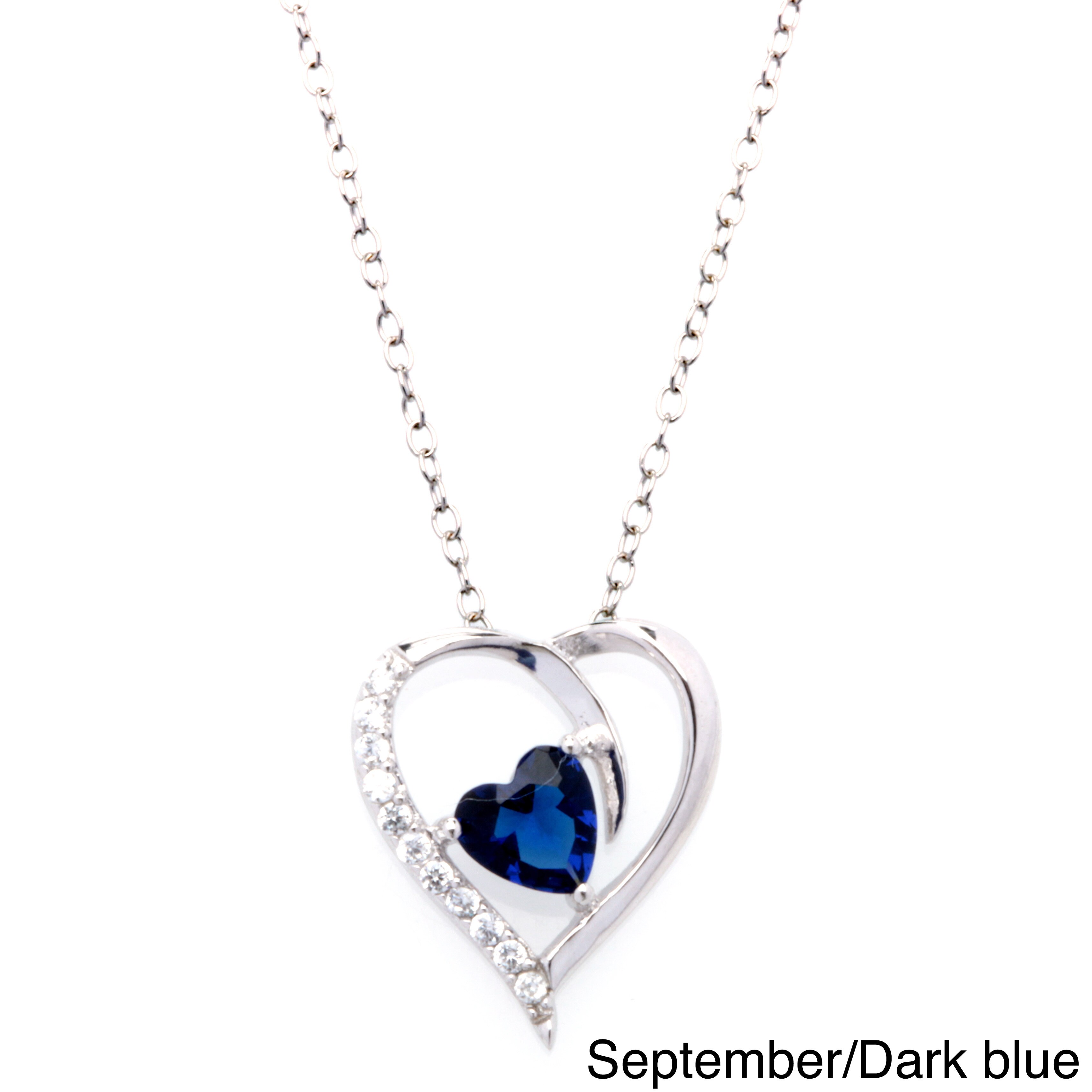 10k White Gold Heart September Birthstone Blue CZ and Diamond Open Heart Pendant 