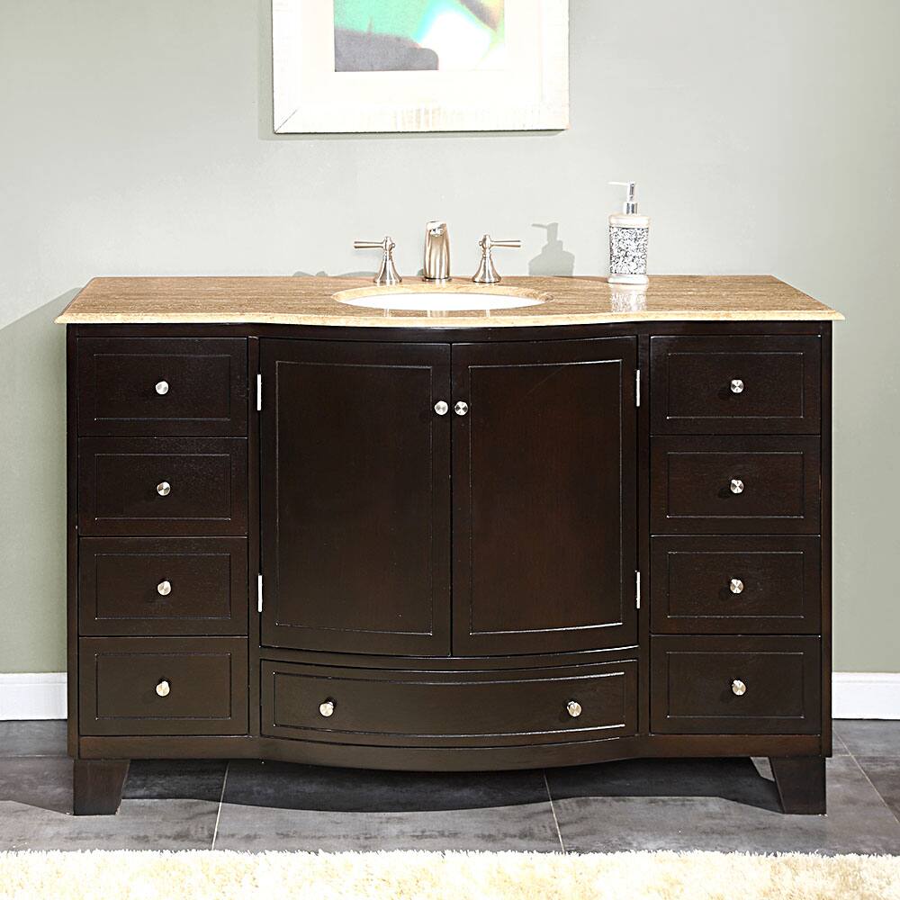 Silkroad Exclusive 55-inch Travertine Stone Top Bathroom Vanity
