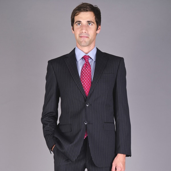 Men's Wrinkle-Resistant Black Striped Two-Button Wool Suit - Free