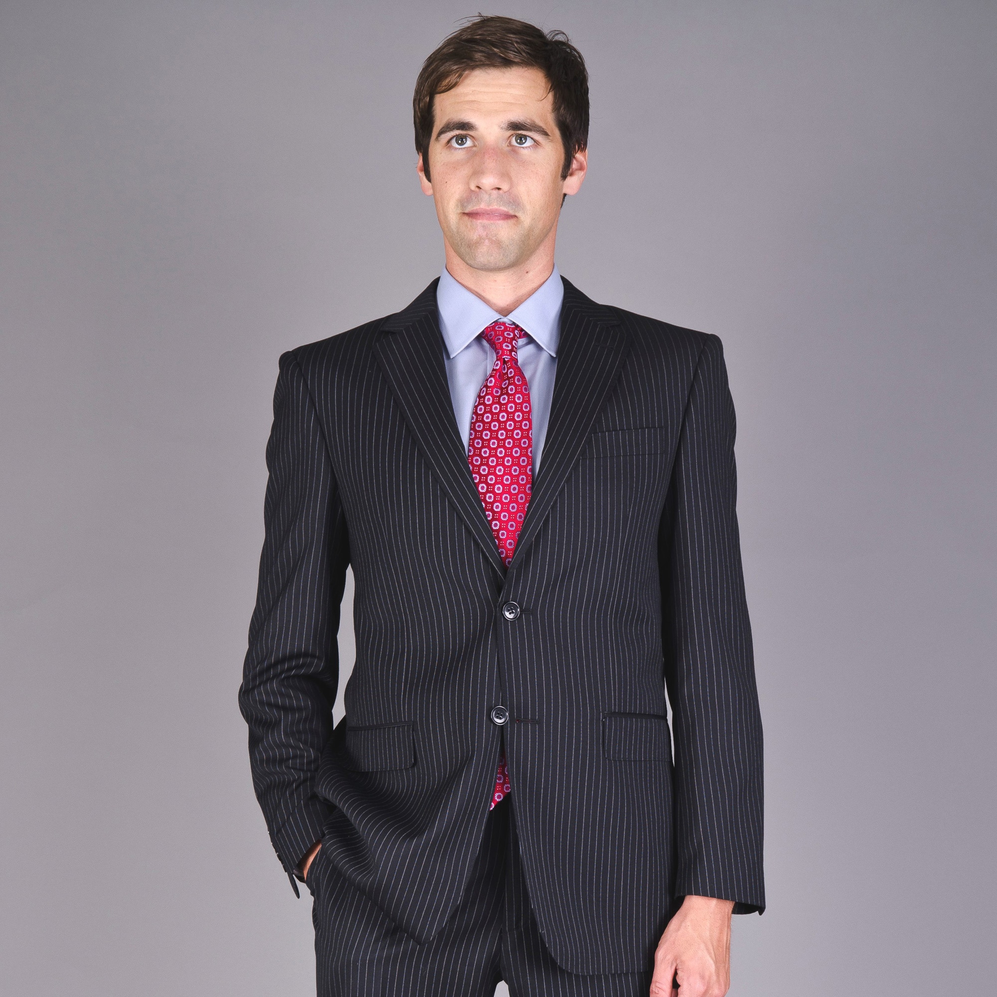 Mens Wrinkle resistant Black Striped Two button Wool Suit