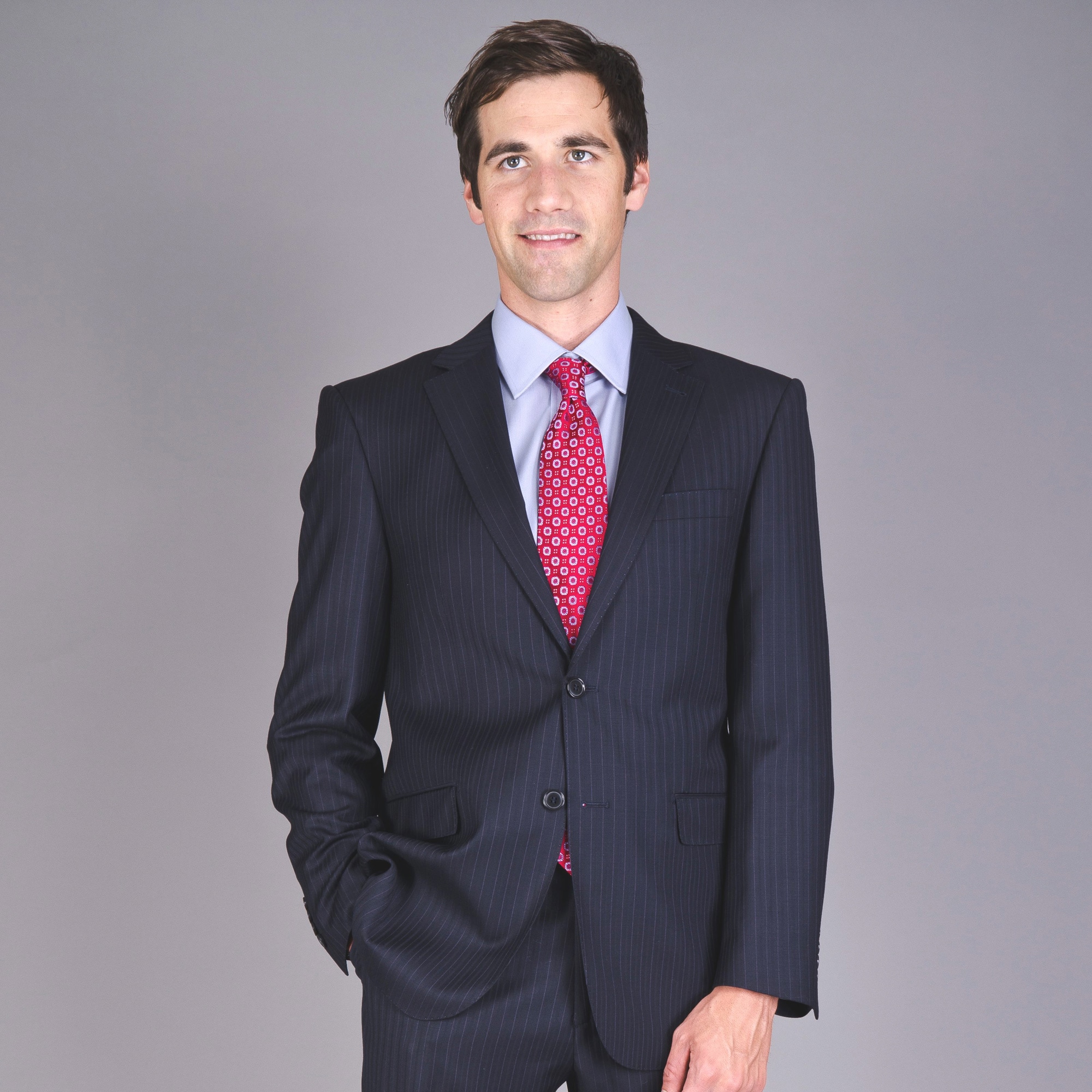 Mens Navy Striped Two button Wool Suit With Double Side Vents