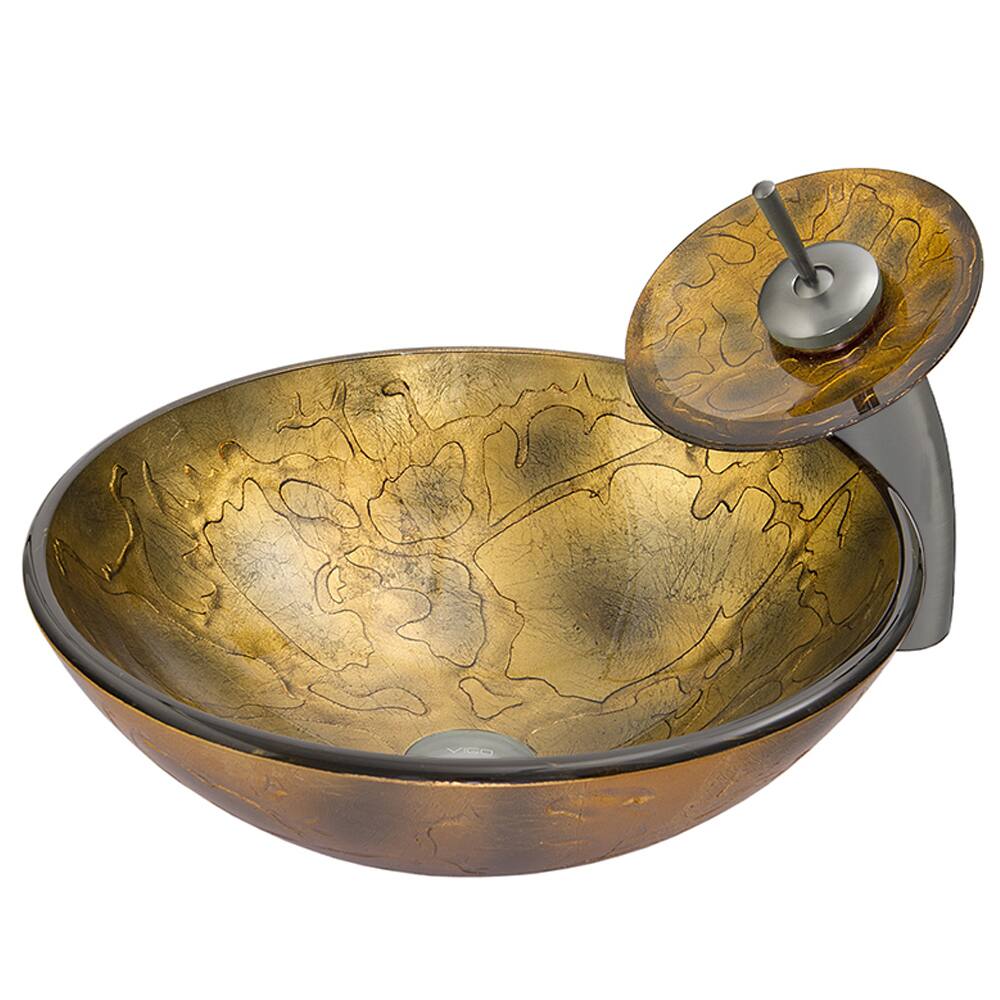 VIGO Copper Shapes Glass Vessel Sink and Waterfall Faucet Set in Brushed Nickel