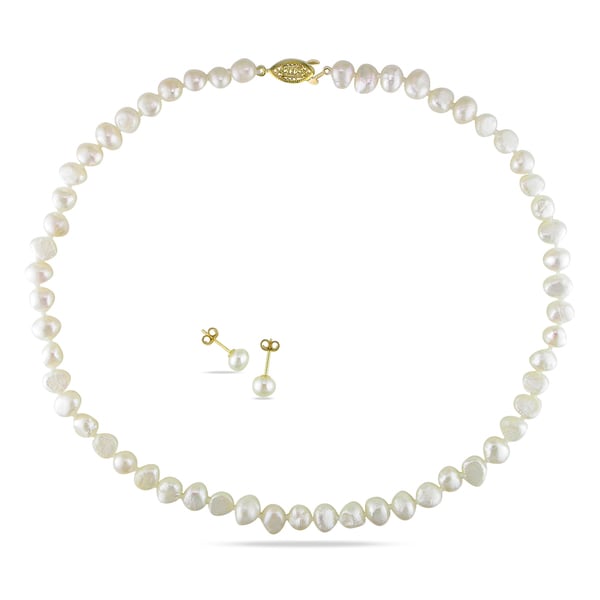 Miadora Yellow Plated Cultured Freshwater Pearl Necklace and Stud Earrings Set (7.5-8 mm). Opens flyout.
