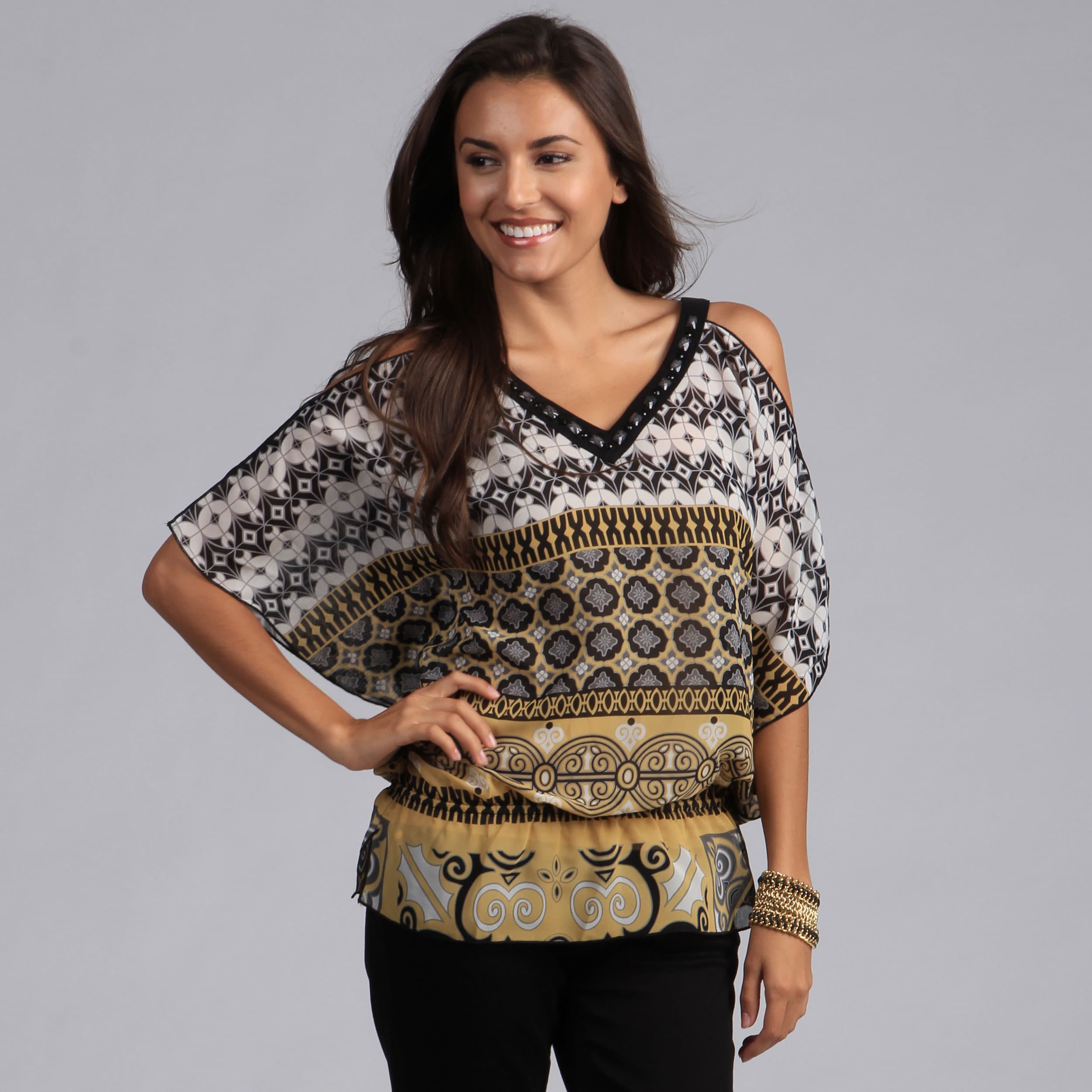 Madison Paige Embellished Cold Shoulder Tunic In Black/ Gold