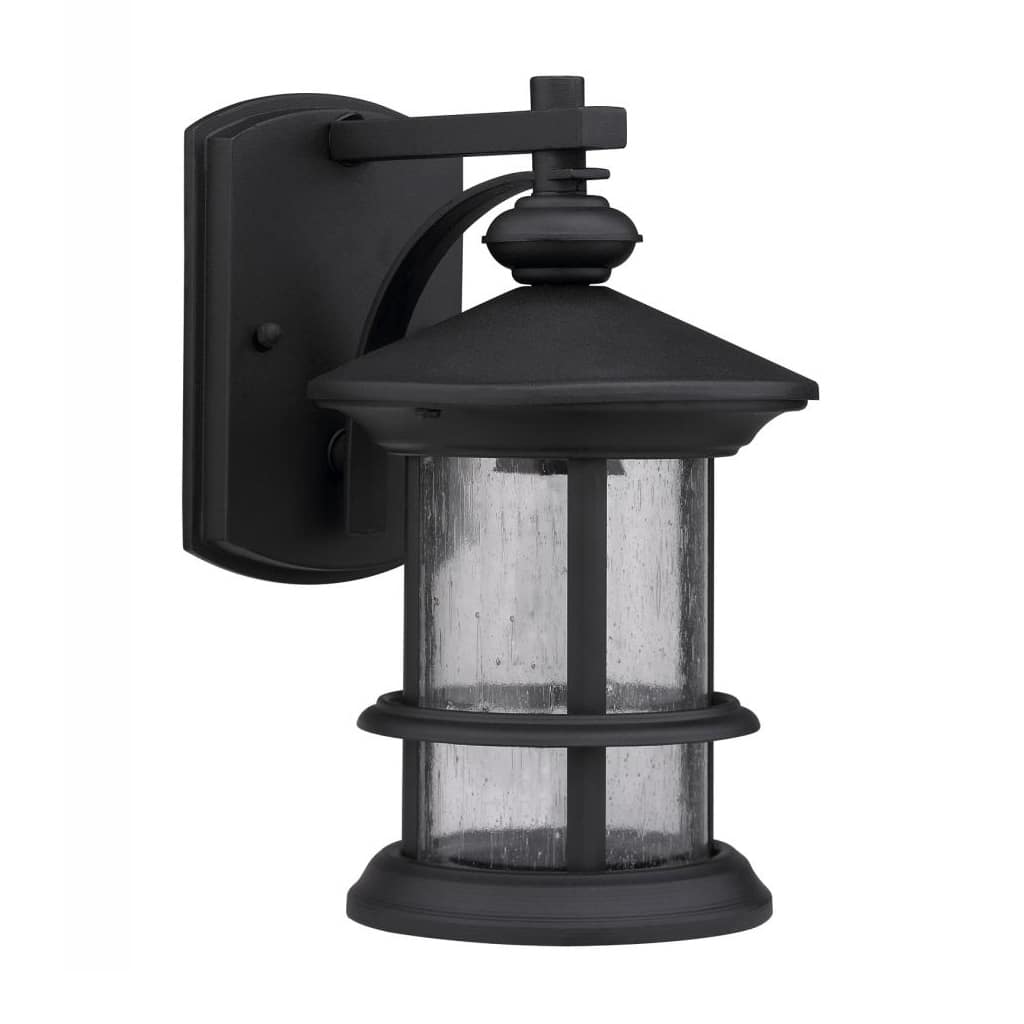 Transitional 1-light Black/Clear Seeded Glass Outdoor Wall Fixture