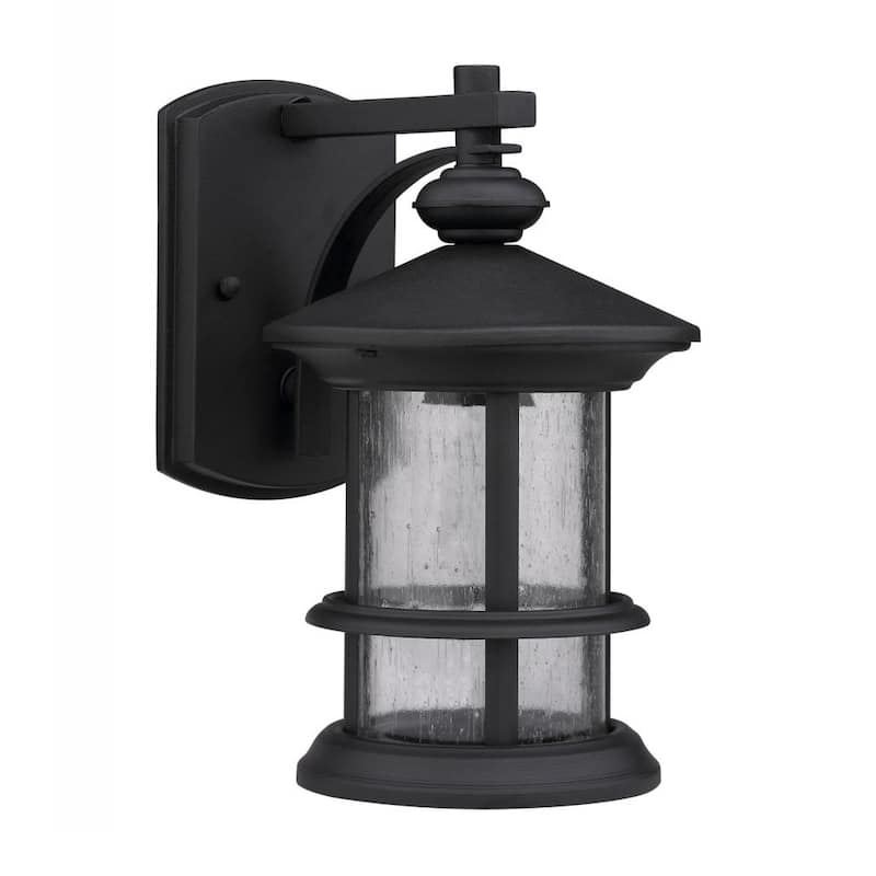 Transitional 1-light Black/Clear Seeded Glass Outdoor Wall Fixture