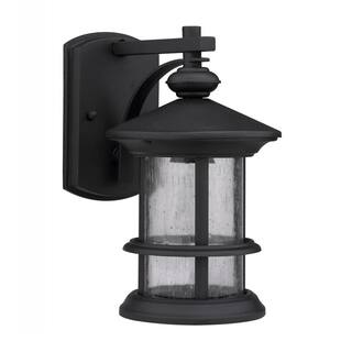 Transitional 1-light Black/Clear Seeded Glass Outdoor Wall Fixture