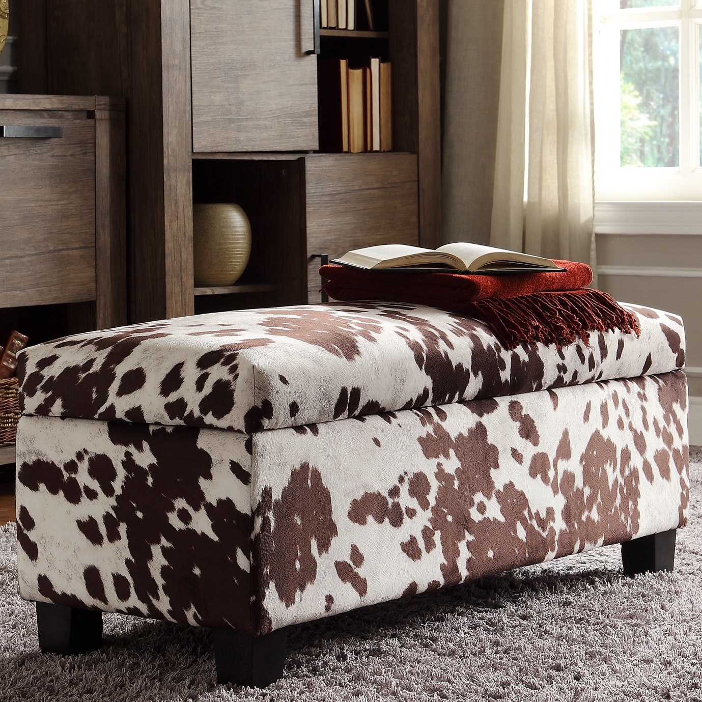 Inspire Q Kayla Cow Hide Fabric Storage Bench Ottoman