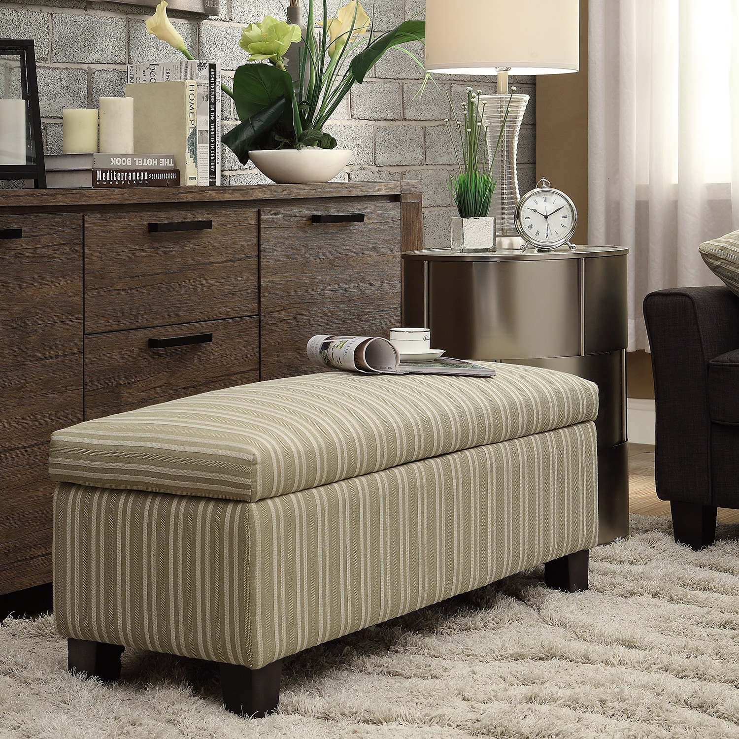 Inspire Q Sauganash Spring Green Stripe Lift Top Storage Bench