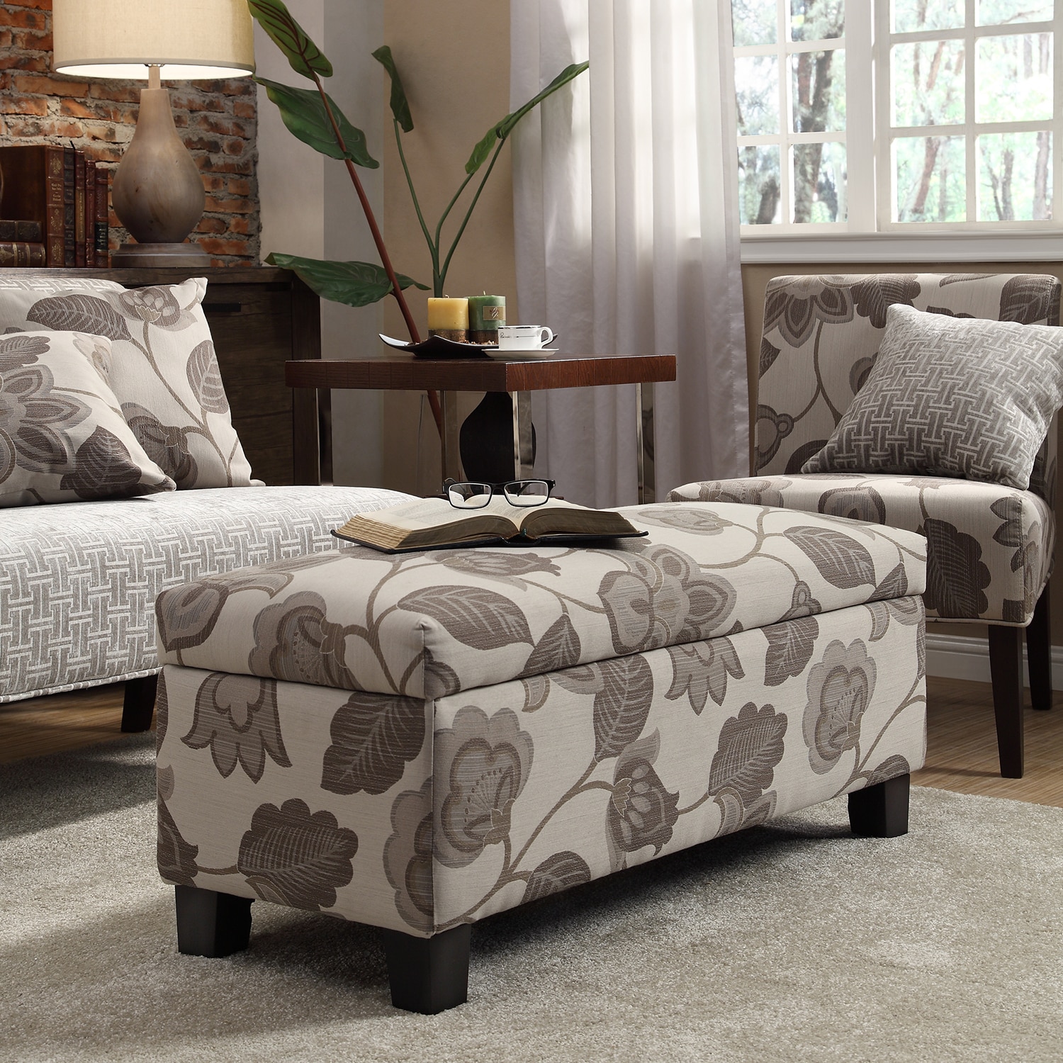 Inspire Q Sauganash Grey Floral Lift Top Storage Bench