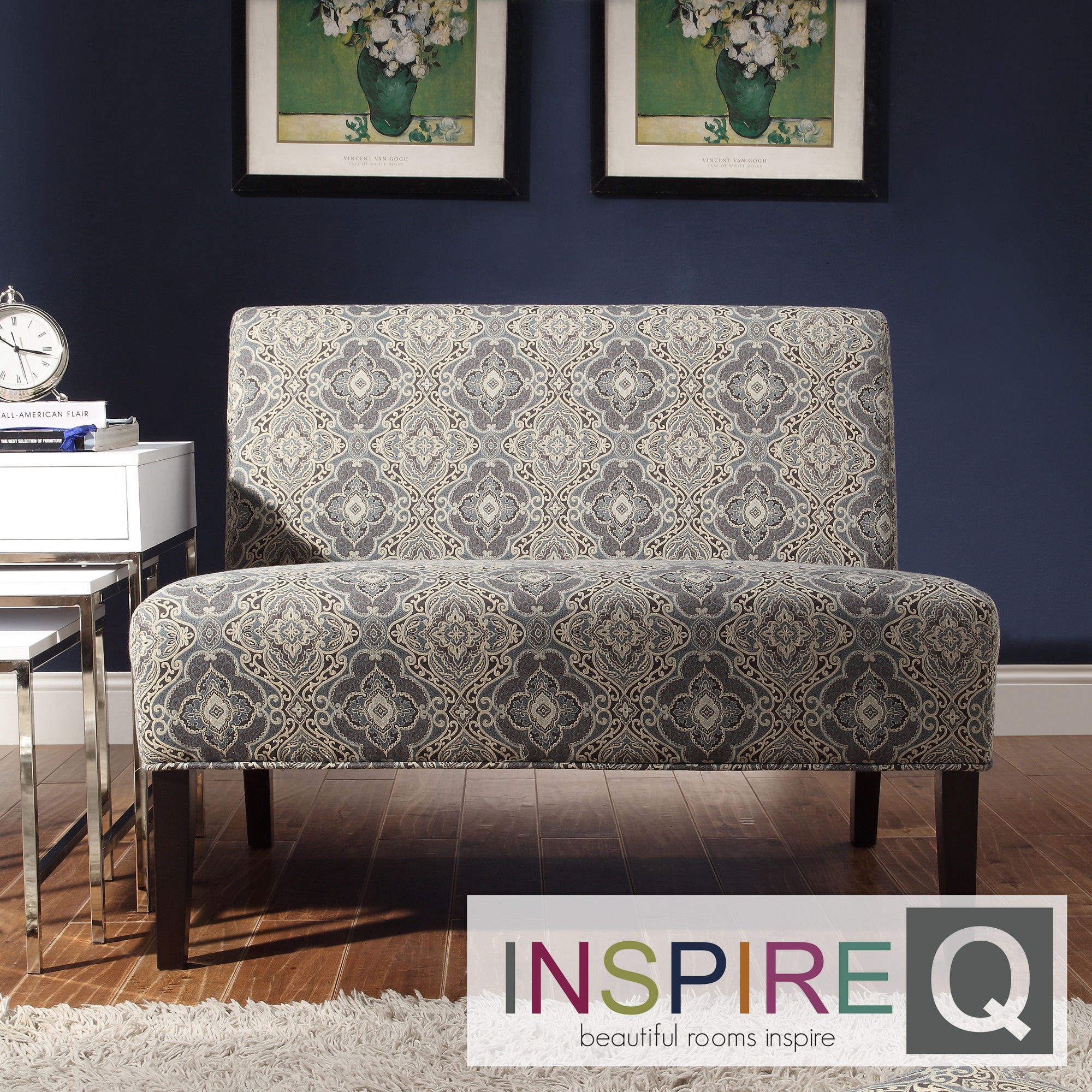 Inspire Q Wicker Park Blue Damask Armless Loveseat