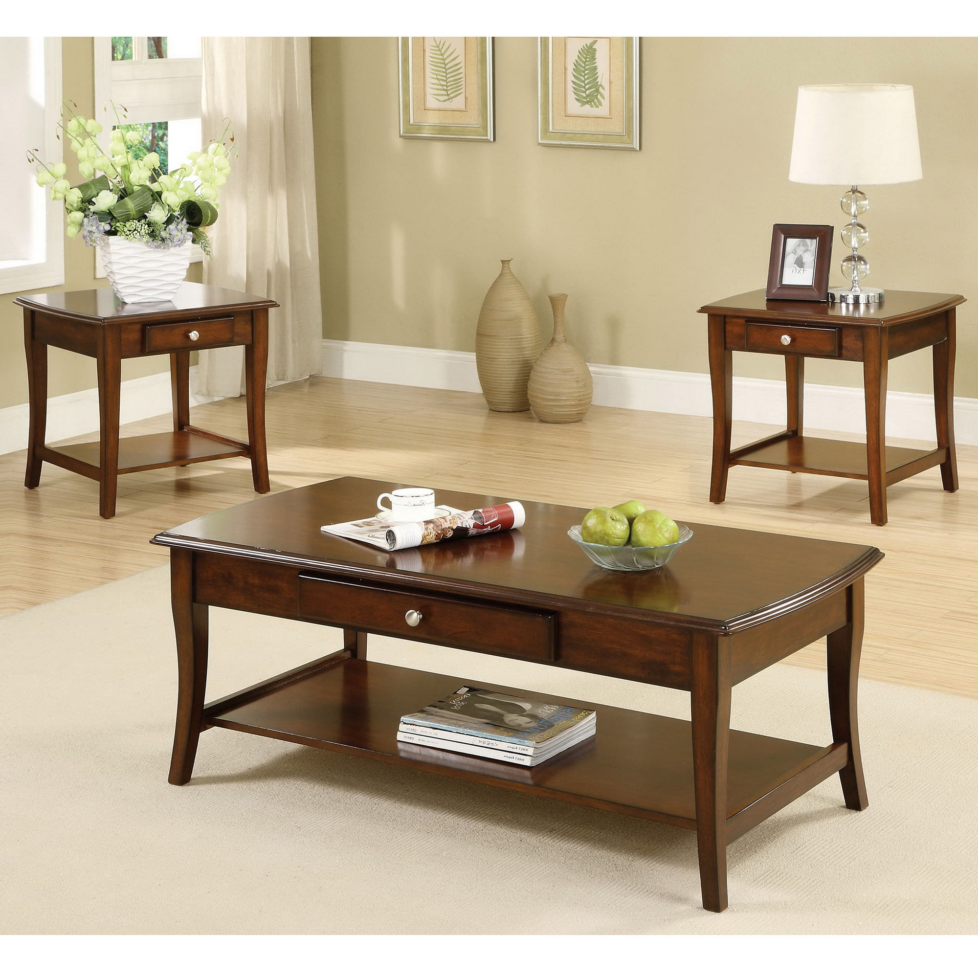 3 Piece Coffee Table Set End Modern Contemporary Wood Nightstand Brown Furniture 