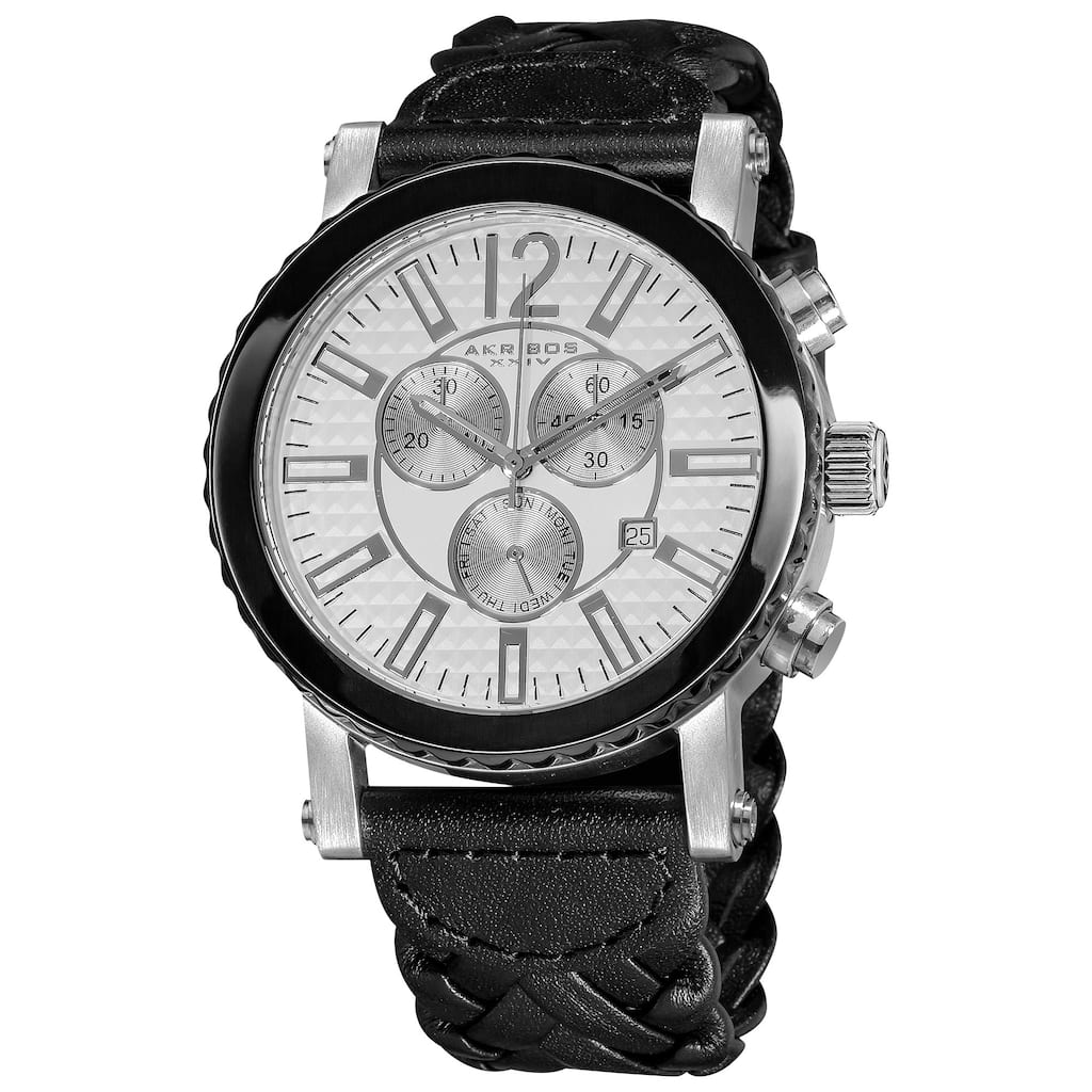 Akribos XXIV Men's Swiss Quartz Water Resistant Braided Black Strap Chronograph Watch - White
