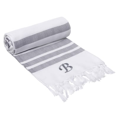 Authentic Grey Bold Stripe Pestemal Fouta Turkish Cotton Bath/ Beach Towel with Monogram Initial