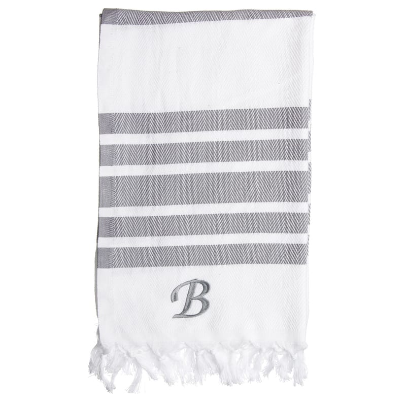 Authentic Grey Bold Stripe Pestemal Fouta Turkish Cotton Bath/ Beach Towel with Monogram Initial