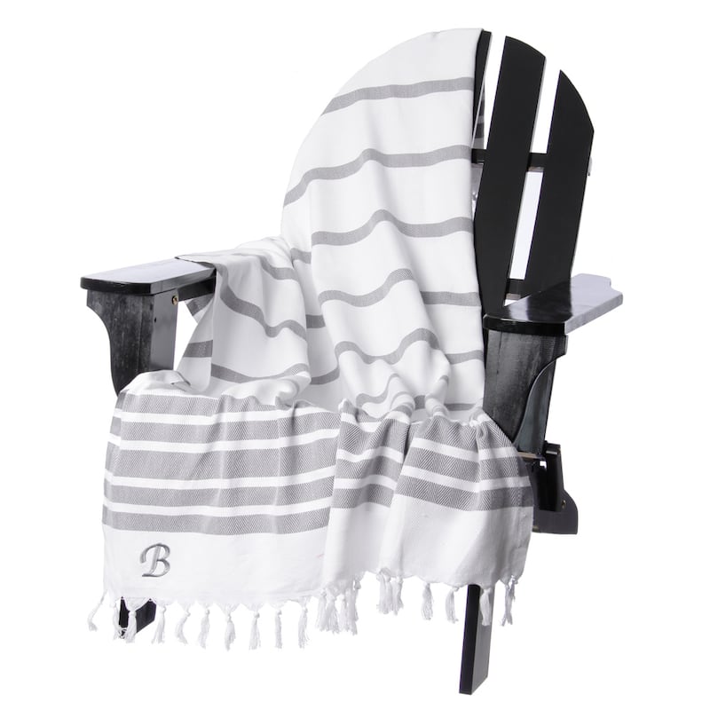 Authentic Grey Bold Stripe Pestemal Fouta Turkish Cotton Bath/ Beach Towel with Monogram Initial