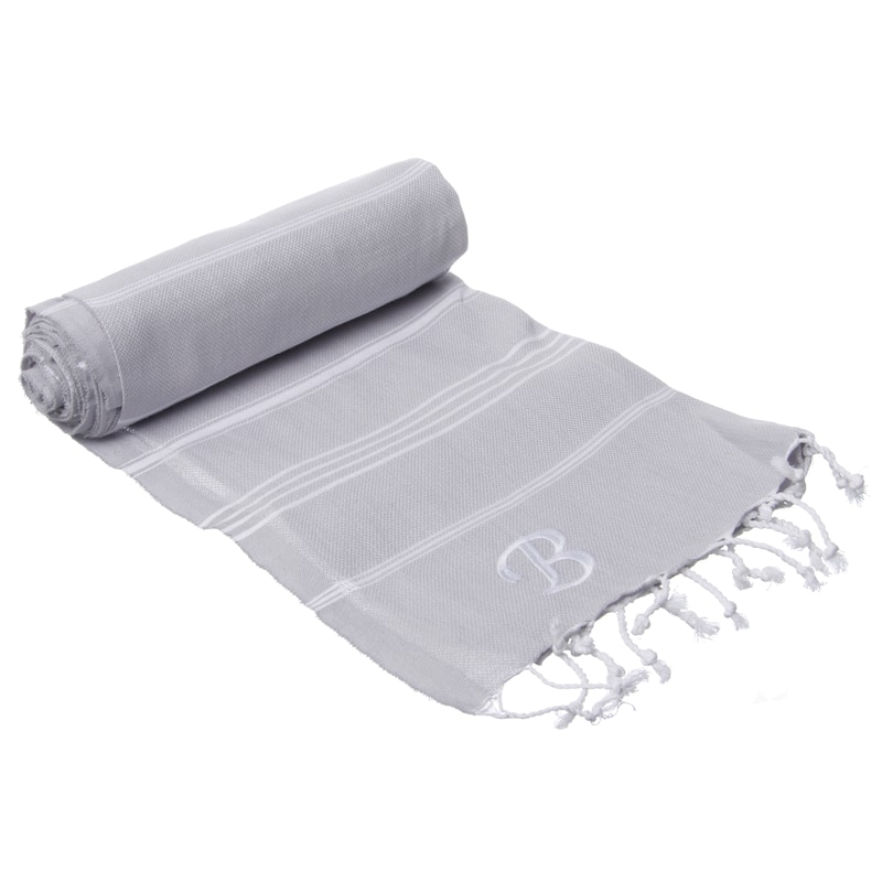 Authentic Pestemal Fouta Original Grey and White Turkish Cotton Bath/ Beach Towel with Monogram Initial