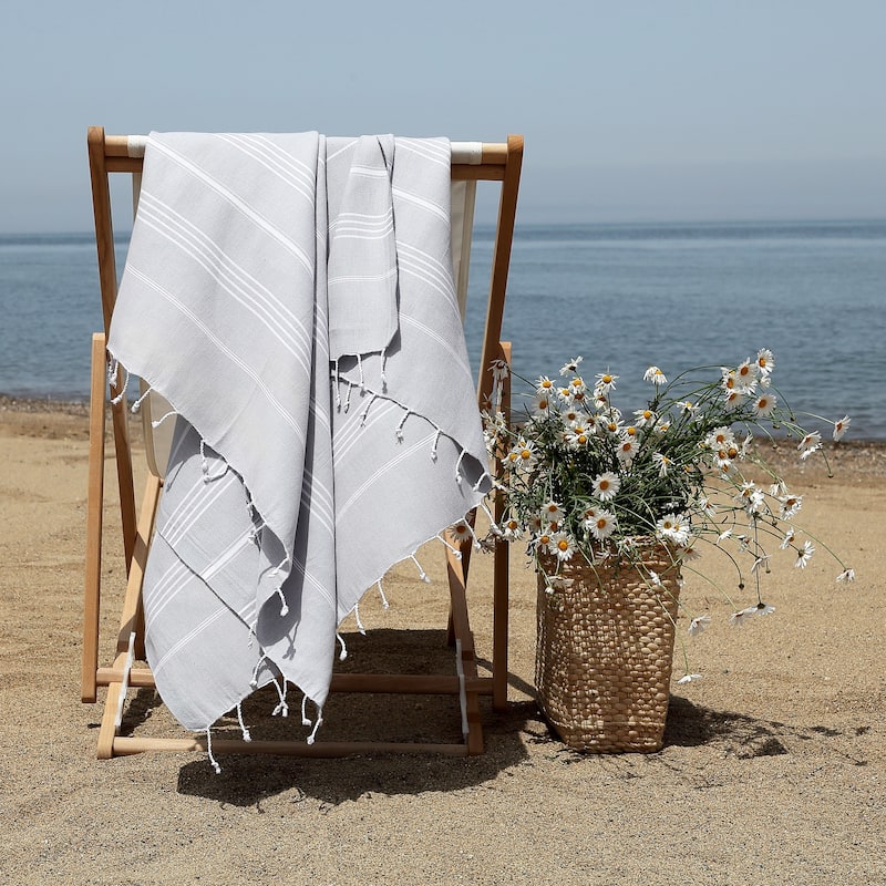 Authentic Pestemal Fouta Original Grey and White Turkish Cotton Bath/ Beach Towel with Monogram Initial