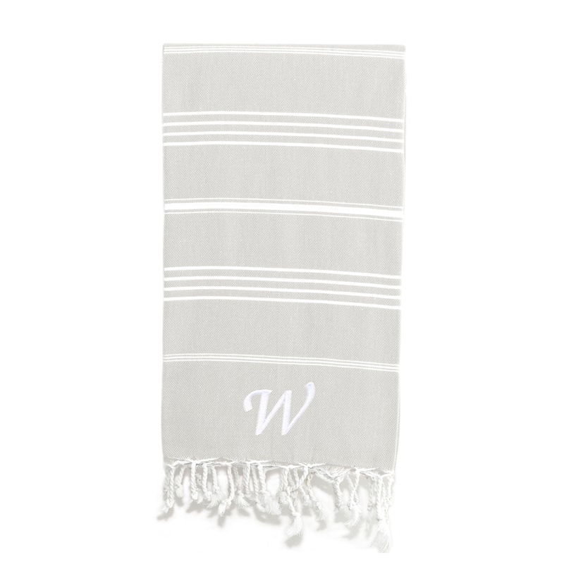 Authentic Pestemal Fouta Original Grey and White Turkish Cotton Bath/ Beach Towel with Monogram Initial