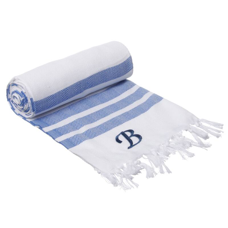 Authentic Royal Blue Bold Stripe Pestemal Fouta Turkish Cotton Bath/ Beach Towel with Monogram Initial - B