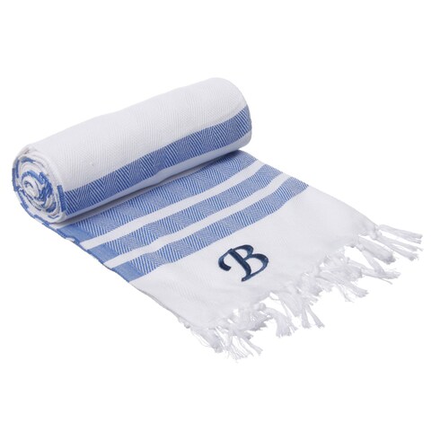 Authentic Royal Blue Bold Stripe Pestemal Fouta Turkish Cotton Bath/ Beach Towel with Monogram Initial