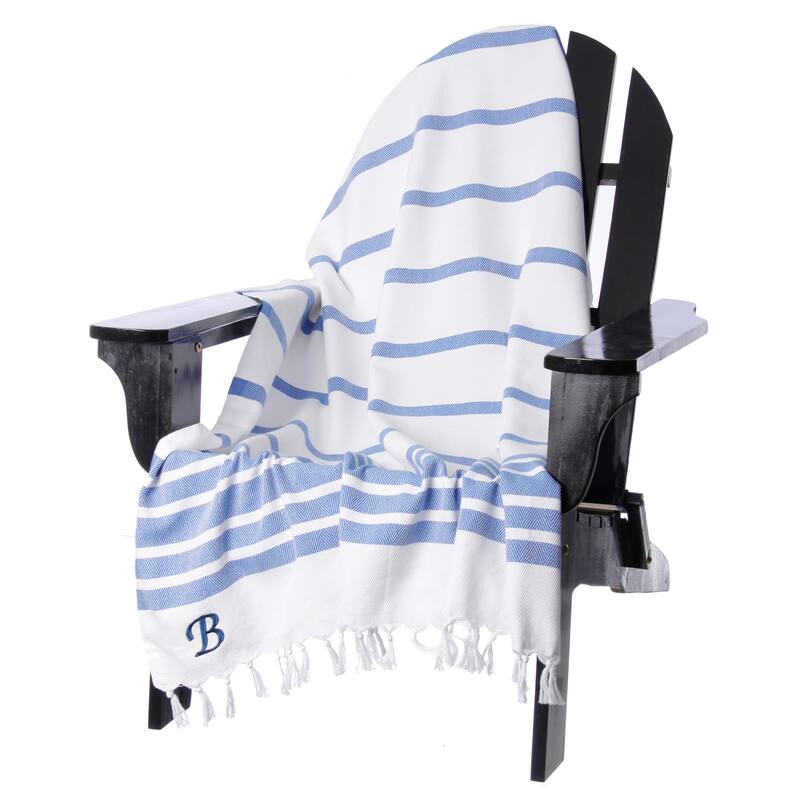 Authentic Royal Blue Bold Stripe Pestemal Fouta Turkish Cotton Bath/ Beach Towel with Monogram Initial